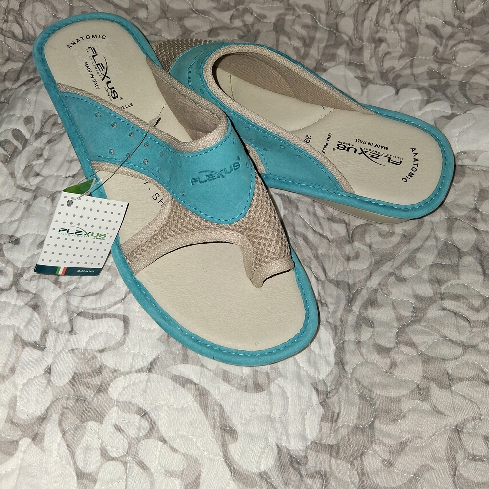 Flexus Slip Ins Turquoise and Beige Women's Sandals